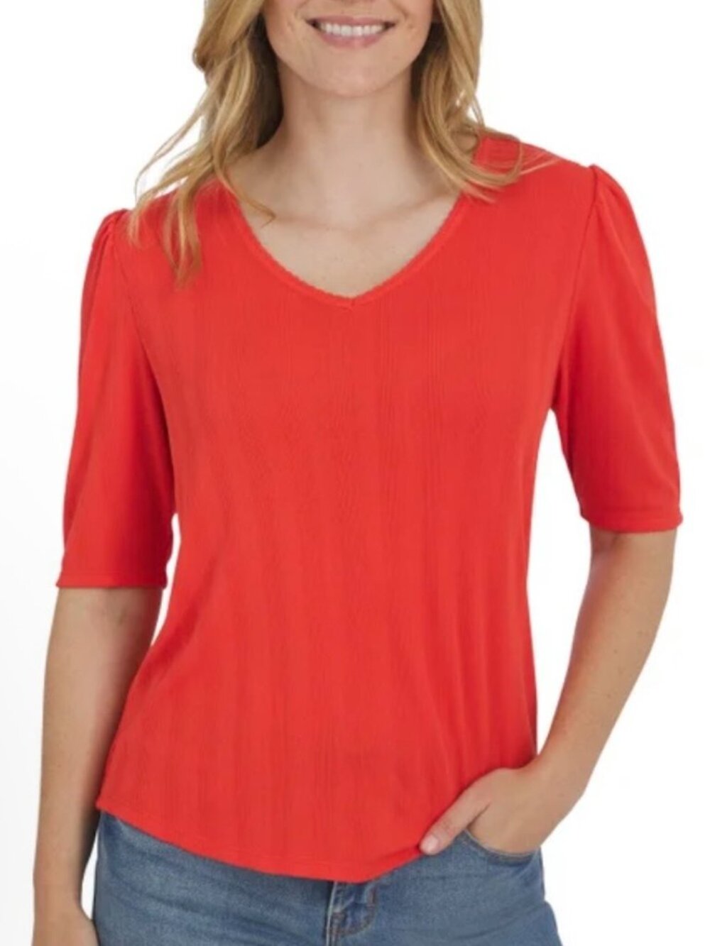 Lands' End Women's Poppy Red Pointelle Elbow Sleeve Top